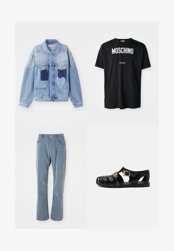 Lichtblauwe denimjacket met donkerblauwe patches, waaronder een hartvormige patch aan de voorkant, met knoopsluiting, plat neergelegd.; Zwarte katoenen t-shirt met ronde hals. Bevat vetgedrukte witte tekst: "MOSCHINO" erboven en "Milano" eronder. Eenvoudig, klassiek ontwerp.; Lichtblauwe corduroy broek met knoop- en ritssluiting, voorzakken en rechte pijpen op witte achtergrond.; Zwarte rubberen sandalen met uitsnijdingen, voorzien van een gouden gesp-sluiting en een textuur inlegzool. Afgedrukt logo op de hak.