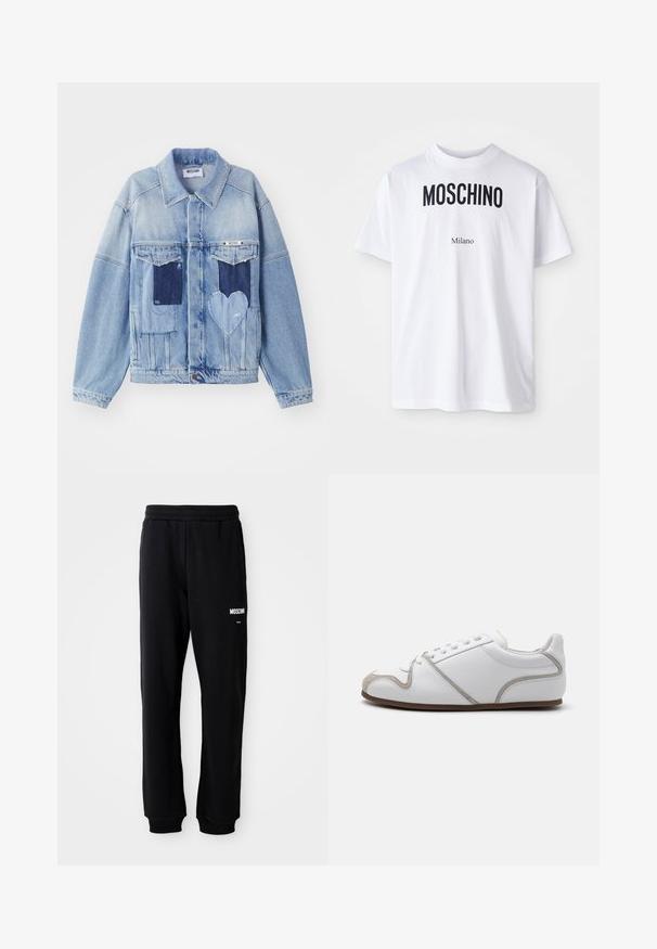 Hellblaue Jeansjacke mit dunkelblauen Patches, darunter ein herzförmiger Patch auf der Vorderseite und Knopfverschluss, flach ausgelegt.; Weißes Baumwoll-T-Shirt mit auffälligem schwarzen "MOSCHINO"-Text über kleinerem "Milano"-Text. Klassischer Rundhalsausschnitt und kurze Ärmel.; Schwarze Jogginghose mit lockerer Passform, aus weichem Stoff. Mit elastischem Bund und weißem "Moschino"-Logo auf dem linken Oberschenkel.; Weiße Sneaker mit einem Obermaterial aus glattem Leder, grauen Suede-Akzenten und einem schlichten Schnürdesign. Rutschfeste braune Gummisohle; minimalistische Gestaltung.