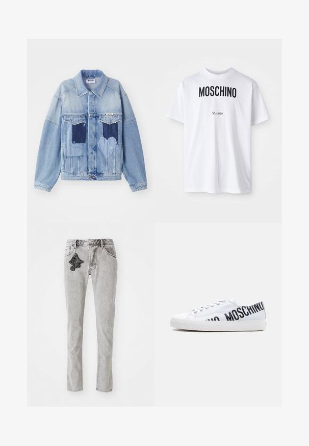 Lys blå denimjakke med mørkeblå lapper, herunder en hjerteformet lap på forsiden, og knaplukning, liggende fladt.; Hvid bomulds T-shirt med fed sort "MOSCHINO" tekst over mindre "Milano" tekst. Klassisk rund halsudskæring og korte ærmer.; Lys grå lige ben denim jeans med lynlås, fem lommer og en dekorativ sort nøglering som accent foran.; Hvid lavsko med sort "MOSCHINO" logo tekst på siden og hvide snørebånd, sat mod en ensfarvet lys grå baggrund.
