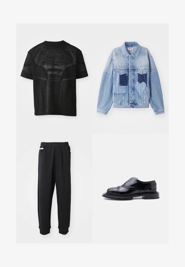 Lys blå denimjakke med mørkeblå lapper, herunder en hjerteformet lap på forsiden, og knaplukning, liggende fladt.; Sort sport T-shirt med korte ærmer og struktureret mønster samt diskret "MISBHV SPORT" tekst på fronten.; Sorte sweatpants lavet af blødt stof, med elastisk talje, sidelommer og ribbede manchetter ved anklerne. Minimalistisk design.; Sort poleret læder broguesko med vingetip-perforering og stablet hæl, vist i sideprofil mod en hvid baggrund.