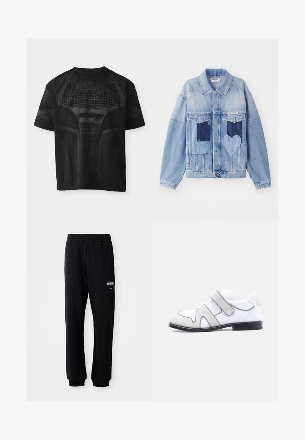 Lys blå denimjakke med mørkeblå lapper, herunder en hjerteformet lap på forsiden, og knaplukning, liggende fladt.; Sort sport T-shirt med korte ærmer og struktureret mønster samt diskret "MISBHV SPORT" tekst på fronten.; Sorte sweatpants med en afslappet pasform, lavet af blødt stof. Har en elastisk talje og hvidt "Moschino" logo på venstre lår.; Hvid læder- og grå ruskindssko med sort sål og en enkelt bred velcrolukning på siden.