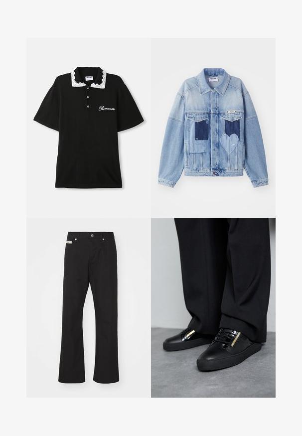 Hellblaue Jeansjacke mit dunkelblauen Patches, darunter ein herzförmiger Patch auf der Vorderseite und Knopfverschluss, flach ausgelegt.; Schwarzes Polo-Shirt mit kurzen Ärmeln und weißem Spitzenkragen, drei vorderen Knöpfen und dem Aufdruck "Romantic" auf der Brust.; Schwarze Baumwollhose mit geradem Bein, mit einem Frontknopfverschluss, zwei seitlichen Taschen und einem kleinen Markenetikett am Bund.; Schwarze Ledersneakers mit glänzenden Akzenten, strukturierten Schnürsenkeln und einem Reißverschluss-Detail; kombiniert mit dunklen, locker sitzenden Hosen auf einem grauen Boden.