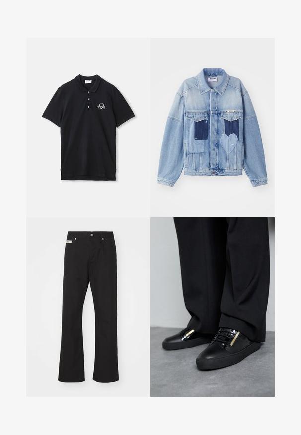 Hellblaue Jeansjacke mit dunkelblauen Patches, darunter ein herzförmiger Patch auf der Vorderseite und Knopfverschluss, flach ausgelegt.; Schwarzes Poloshirt aus Baumwolle, mit einer Knopfleiste mit drei Knöpfen, kurzen Ärmeln und einem dekorativen gestickten Logo auf der Brust.; Schwarze Baumwollhose mit geradem Bein, mit einem Frontknopfverschluss, zwei seitlichen Taschen und einem kleinen Markenetikett am Bund.; Schwarze Ledersneakers mit glänzenden Akzenten, strukturierten Schnürsenkeln und einem Reißverschluss-Detail; kombiniert mit dunklen, locker sitzenden Hosen auf einem grauen Boden.
