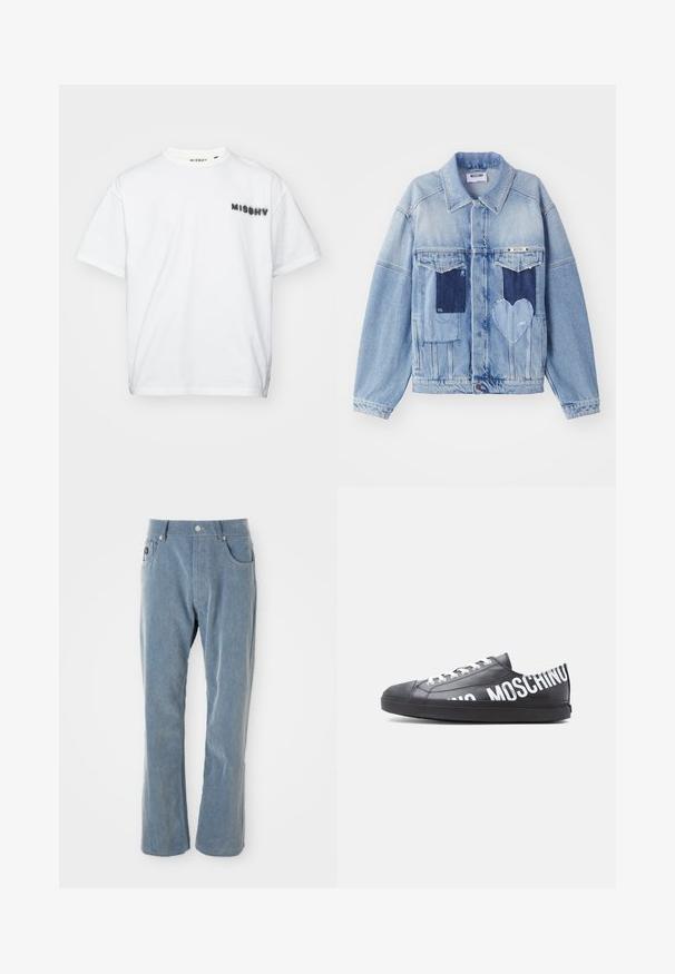 Veste en denim bleu clair avec des patches bleu foncé, incluant un patch en forme de cœur à l'avant, et fermeture par boutons, posée à plat.; MISBHV COMMUNITY - T-shirt imprimé - white; Pantalon en velours côtelé bleu clair avec fermeture à bouton et à glissière, poches avant et jambes droites sur fond blanc.; Baskets basses noires avec des lacets blancs et "MOSCHINO" imprimé en grandes lettres blanches sur le côté et le talon.