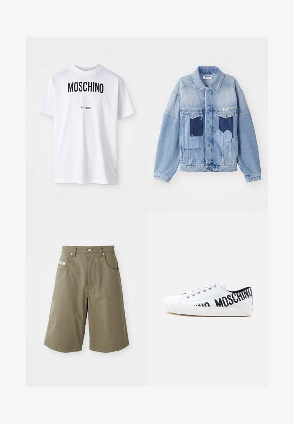 Lichtblauwe denimjacket met donkerblauwe patches, waaronder een hartvormige patch aan de voorkant, met knoopsluiting, plat neergelegd.; Witte katoenen T-shirt met bold zwarte "MOSCHINO" tekst boven de kleinere tekst "Milano". Klassieke ronde hals en korte mouwen.; MOSCHINO TAPE - Shorts - green; Witte lage sneaker met witte veters en zwarte "MOSCHINO" tekst gedeeltelijk zichtbaar aan de zijkant en hiel.