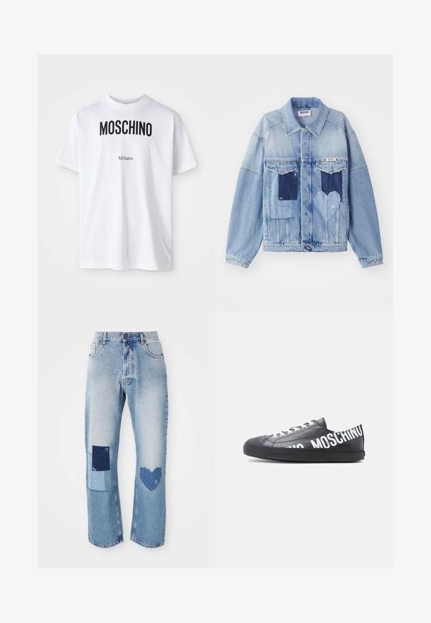 Lys blå denimjakke med mørkeblå lapper, herunder en hjerteformet lap på forsiden, og knaplukning, liggende fladt.; Hvid bomulds T-shirt med fed sort "MOSCHINO" tekst over mindre "Milano" tekst. Klassisk rund halsudskæring og korte ærmer.; Lyseblå denim jeans med lige snit, der har to lapdetailler: et kvadrat og et hjerte, begge i mørkere denimtoner.; Sort lavt snøresko med hvide snørebånd og "MOSCHINO" trykt med store hvide bogstaver langs siden og på hælen.