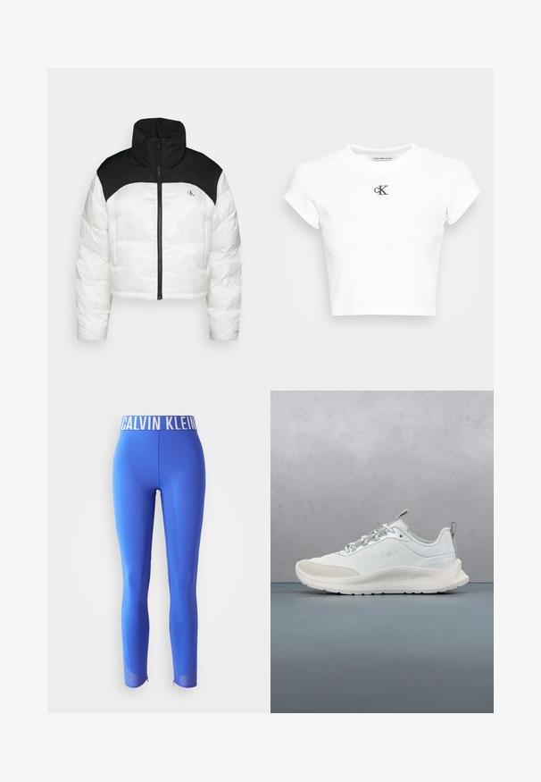 Calvin Klein Jeans BLOCKED CROPPED PUFFER - Chaqueta de invierno - bright white/ck black; Camiseta corta blanca hecha de tela acanalada. Presenta un escote redondo y mangas cortas. Logotipo "cK" bordado en negro en el pecho.; Leggings activos azules hechos de un material suave, con una ancha cinturilla de logo blanca y acentos de malla en la parte baja de la pierna con cremalleras.; Zapatilla blanca Calvin Klein con suela gruesa, cordones y logo en el lateral, flotando sobre un suelo exterior de baldosas de terracota y guijarros.