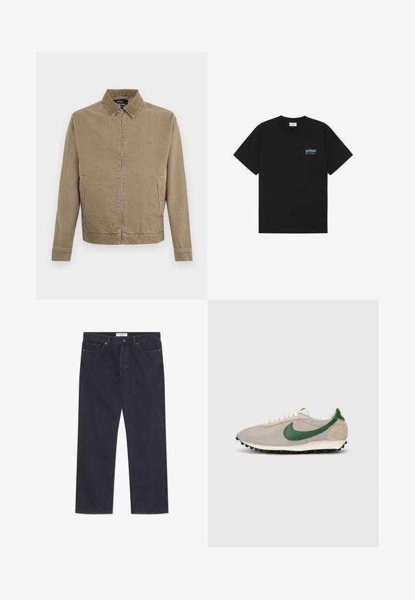 Lysebrun lynlåsjakke med krave, to sidelommer og subtilt broderet logo på brystet af Mads Nørgaard.; Sort T-shirt med korte ærmer og rund halsudskæring med lille blåt "prince La Deux" logo på venstre bryst.; Mørkeblå denimjeans med lige ben-design, fem lommer og klassisk knap- og lynlåslukning. Har kontrastsyninger.; Beige løbesko med grønne ruskindsdetaljer, struktureret mesh-overdel, cremefarvede snørebånd og sort gummisål med trækkraftsstifter.
