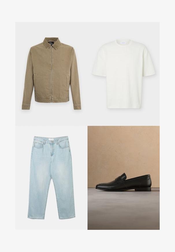 Veste zippée marron clair avec col, deux poches latérales et logo brodé discret sur la poitrine, par Mads Nørgaard.; T-shirt blanc texturé à manches courtes, col rond, coupe régulière et petite étiquette de marque à l'intérieur du col.; Jean en denim bleu clair avec une coupe décontractée, cinq poches, une fermeture à bouton et un léger délavage. La texture est douce et légèrement usée.; Mocassin en cuir noir présenté en lévitation au-dessus d'un tapis beige avec un canapé beige en arrière-plan.