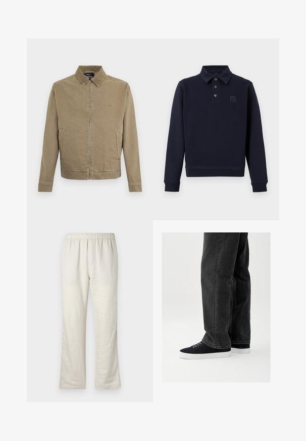Hellbraune Reißverschlussjacke mit Kragen, zwei Seitentaschen und dezentem, auf der Brust gesticktem Logo von Mads Nørgaard.; Marineblaue langärmlige Polo-Shirt mit drei Knöpfen, gerippten Bündchen und Saum sowie einem kleinen tonalen Logo auf der linken Brust.; Beige leichte Leinenhose mit elastischem Bund, geradem Schnitt und ohne sichtbare Taschen oder Verschlüsse.; Schwarze Jeans aus Denim mit lockerem Schnitt, kombiniert mit marineblauen Wildleder-Sneakern mit weißen Gummisohlen und schwarzen Schnürsenkeln. Einfaches und modernes Design.