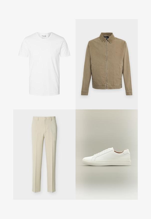 Lysebrun lynlåsjakke med krave, to sidelommer og subtilt broderet logo på brystet af Mads Nørgaard.; Enkelt hvid t-shirt med korte ærmer og rund hals, lavet af økologisk bomuld, mærket Selected Homme, størrelse large.; Beige skræddersyede bukser med lige ben, bæltestropper og lynlås foran, vist på en enkel lys baggrund.; Hvid lavt snøresko med snørelukning og flad sål, vist fra siden på en neutral baggrund.