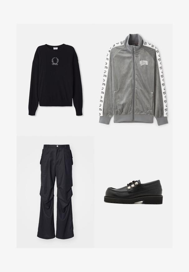 Billionaire Boys Club SMALL ARCH LOGO TAPED TRACK - Trainingsjacke - charcoal; Schwarzer Pullover mit Rundhalsausschnitt, langen Ärmeln und gerippten Bündchen. Besitzt ein weißes, gesticktes Kranz- und Schleifendetail auf der Vorderseite.; Schwarze Nadelstreifen-Hosen mit weitem Bein, ausgestattet mit Falten, Seitentaschen und einem vorderen Knopfverschluss. Glatte Textur.; Schwarze Lederloafers mit rundem Zehenbereich, ausgestattet mit drei metallischen Akzenten und einer strukturierten Sohle für besseren Halt. Glattes Obermaterial und gestickte Details.