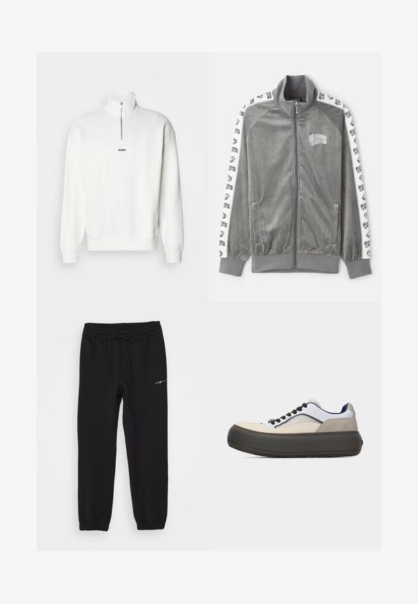 Billionaire Boys Club SMALL ARCH LOGO TAPED TRACK - Trainingsvest - charcoal; Witte pullover sweatshirt met een hoge kraag en een halve rits, uitgerust met een klein zwart "HUGO" logo gecentreerd op de borst. Zachte stoftextuur.; Zwarte sweatpants met een elastische tailleband en trekkoord, voorzien van zijzakken en cuffs bij de enkels. Subtiele witte branding op het been.; Lage sneaker met dikke donkere zool, wit bovenwerk met beige en grijs suède accenten, zwarte veters en een marineblauwe binnenvoering.