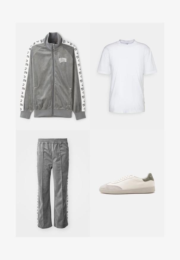 Billionaire Boys Club SMALL ARCH LOGO TAPED TRACK - Træningsjakke - charcoal; Hvid bomulds t-shirt med rund hals, korte ærmer og lige kant. Har et lille mærke på den venstre sidesøm.; Grå velourbukser med elastisk talje, med sidelister med grafiske tryk. Bred ben-design, glat tekstur og ingen lommer.; Hvid lav sneaker med lysegrå ruskind på tå og hæl, hvide snørebånd og en flad beige sål, vist fra ydersiden.