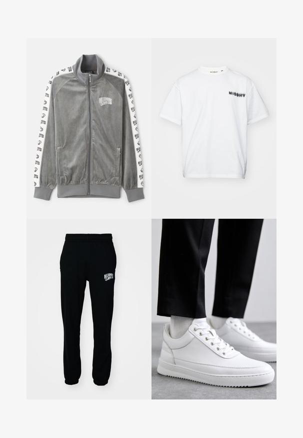 Billionaire Boys Club SMALL ARCH LOGO TAPED TRACK - Verryttelytakki - charcoal; MISBHV COMMUNITY - Printtipaita - white; Musta fleece-housut, joissa on joustava vyötärö ja hihnat. Vasen reisi on varustettu valkoisella logolla. Sujuva pinta, rento istuvuus.; Valkoiset nahkakengät, joissa on litteä kumipohja, sileä pinta, pyöreä kärki ja metalliset nauha-aukot. Yhdistetty mustiin housuihin.