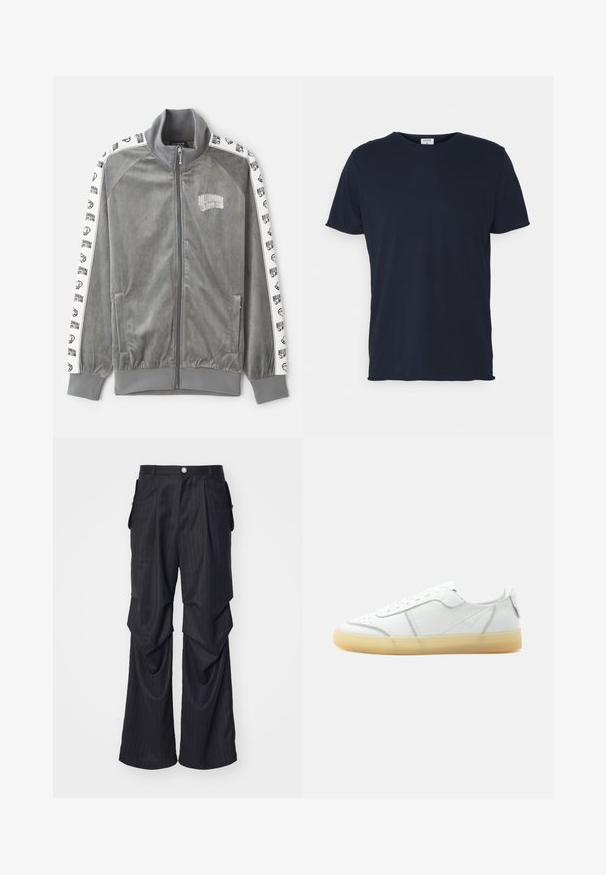 Billionaire Boys Club SMALL ARCH LOGO TAPED TRACK - Træningsjakke - charcoal; Marineblå bomulds t-shirt med rund hals og korte ærmer, med en glat tekstur og enkel design, uden synlige mønstre eller accenter.; Sorte nålestribede bukser med bred bendesign, der har folder, sidelommer og en frontlukning med knap. Glat tekstur.; Hvid lavtop læder sneaker med beige gennemsigtig sål, snørelukning foran og minimal syning, vist fra siden mod en ensfarvet baggrund.