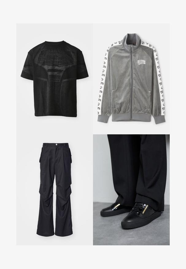 Billionaire Boys Club SMALL ARCH LOGO TAPED TRACK - Tréningová bunda - charcoal; Čierne športové tričko s krátkymi rukávmi a textúrovaným vzorom, na prednej strane s jemným nápisom "MISBHV SPORT".; Čierne pruhované nohavice s širokým strihom, ktoré majú sklady, bočné vrecká a zapínanie na prednom diely na gombík. Hladká textúra.; Čierne kožené tenisky s lesklými akcentmi, textúrovanými šnúrkami a zipsom; v kombinácii s tmavými, voľnými nohavicami na šedé podlahe.