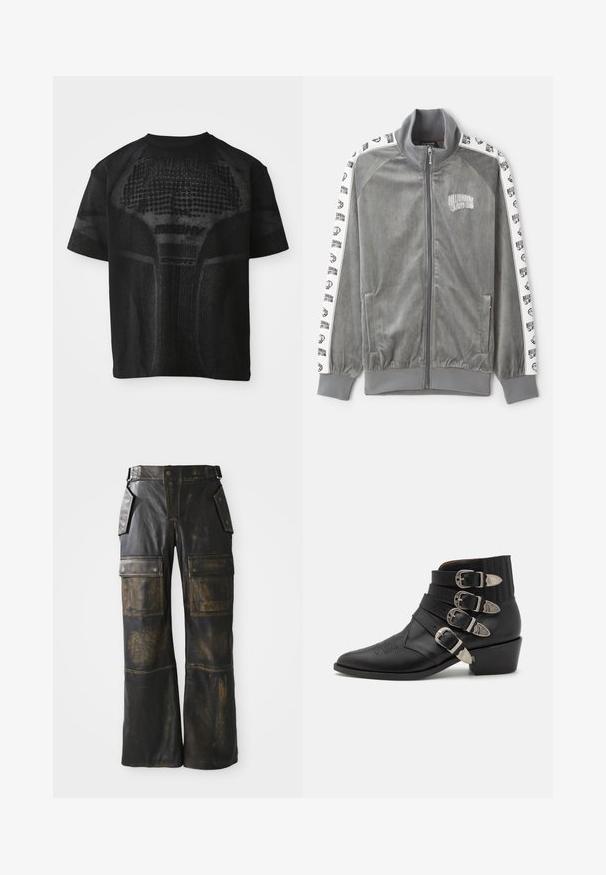 Billionaire Boys Club SMALL ARCH LOGO TAPED TRACK - Træningsjakke - charcoal; Sort sport T-shirt med korte ærmer og struktureret mønster samt diskret "MISBHV SPORT" tekst på fronten.; Sorte læder cargo bukser med en slidt tekstur, der har store sidelommer, høj talje og kontrasterende syninger langs sømmene.; Sorte læder ankelstøvle med fire dekorative sølv spænder, spids tå og en stablet hæl med ribbede detaljer ved kanten.