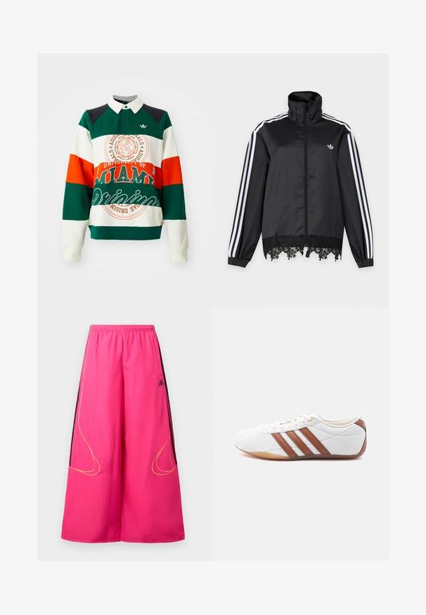 Sort Adidas træningsjakke med hvide striber på ærmerne, fuld lynlås foran, høj krave og sort blonderkant ved kanten.; Grøn, hvid og orange stribet sweatshirt med krave. Har et University of Miami-logo og tekst samt et Adidas trefoil-emblem.; Rosa sportbukser med elastisk taljebånd, vide ben, sorte sidepaneler og gule syningsdetaljer. Adidas-logo på forsiden.; Hvid sneaker med lavt snit og brune læderstriber, snørelukning og en sål i gummi, vist fra indersiden på en hvid baggrund.