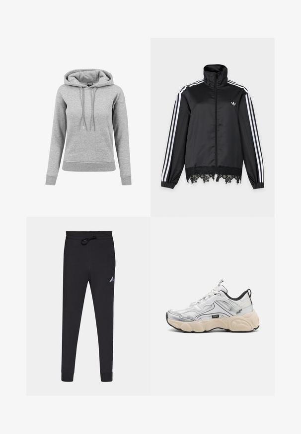 Must Adidas jooksujakk valgete triipudega varrukaotstes, esiküljel täispikk tõmblukk, kõrge krae ja must pitsääris allääres.; Hallhalli hallidest, mis on valmistatud puuvillast, sisaldab nööriga kapuutsi, pikki varrukaid, soonikuid varrukaotstes ja ääres. Lihtne disain, ilma mustriteta.; Mustad mustad spordipüksid pehmest kangast, millel on nööriga vöökoht, kitsenevad jalad ja väike valge Adidas'i logo vasakul reiele.; Valge sportlik king, kus on võrgust ja sünteetilisi paneele, hõbedased aktsendid, tükiline kreemjas tald ja kontrastsed mustad detailid. Omab nööri süsteemi.