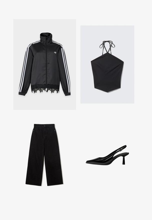 Čierna Adidas tréningová bunda s bielymi pruhmi na rukávoch, celopriečnym zipsom vpredu, vysokým golierom a čiernou čipkovanou lemovkou na spodnom okraji.; Čierny halter top s hexagonálnym tvarom, vyrobený z textúrovanej látky, s tenkými viazaniami za krkom a jemnými vertikálnymi prúžkami.; Čierne, široké džínsy z denimu s vysokým pásom, obsahujúce dizajn s piatimi vreckami a jedným gombíkom na zapínanie vpredu.; Čierne lakované slingback lodičky s úzkou špičkou, stredne vysokým širokým podpätkom a nastaviteľným remienkom so sponou na bielom pozadí.