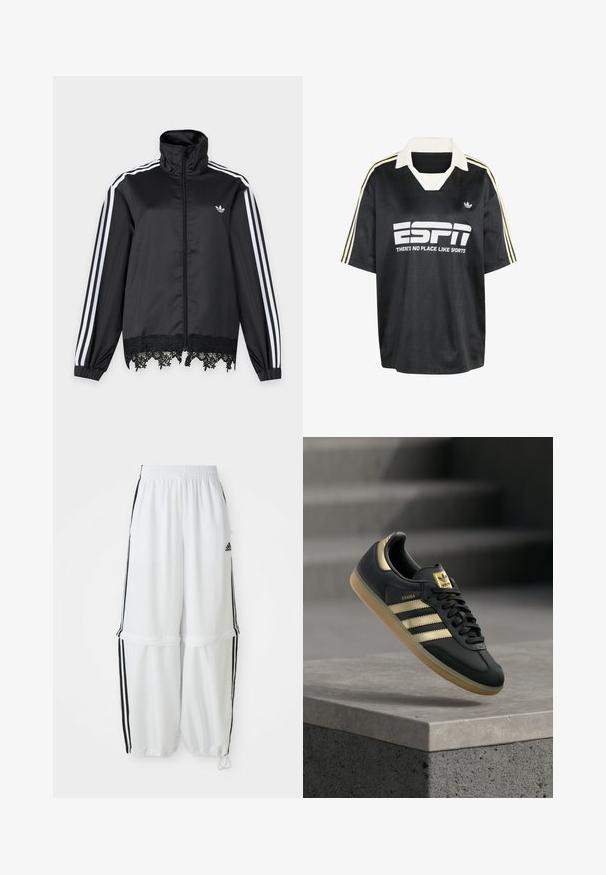 Chaqueta deportiva negra Adidas con rayas blancas en las mangas, cremallera completa en el frente, cuello alto y ribete de encaje negro en el dobladillo.; Camiseta deportiva negra con cuello blanco, con un gran logo y texto "ESPN". Tres franjas blancas y doradas en cada manga. Tejido con textura.; Pantalones deportivos blancos con un ajuste relajado, cinturilla elástica y franjas laterales negras. Presenta bolsillos con cremallera y puños elásticos en los tobillos.; Zapatilla Adidas Samba negra con rayas doradas y suela de goma flotando sobre una superficie de hormigón con escaleras desenfocadas en el fondo.