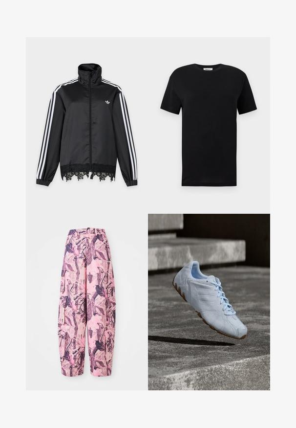 Musta Adidas-verkkatakki, jossa valkoiset raidat hihoissa, vetoketju edessä, korkea kaulus ja musta pitsisomiste helmassa.; Musta lyhythihainen t-paita pyöreällä pääntiellä, jossa on pieni, hillitty logo vasemmassa rinnassa ja valkoinen brändilappu kauluksessa sisäpuolella.; Vaaleanpunaiset ja violetti kuviolliset leveälahkeiset housut, joissa on lehdet ja oksat -kuvio, korkea vyötärö ja sivutaskut lisäämään käytännöllisyyttä.; Vaaleansininen urheilukenkä, jossa on teksturoitu pinta ja ruskea pohja, roikkuu karkeiden betonportaitten yläpuolella ulkotiloissa.