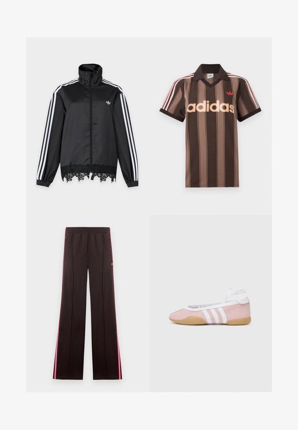 Sort Adidas træningsjakke med hvide striber på ærmerne, fuld lynlås foran, høj krave og sort blonderkant ved kanten.; Brunstribet Adidas polo-shirt med V-hals, bordeaux krave og rødt logo. Har hvide og røde skulderstriber samt korte ærmer.; Sorte atletikbukser med lyserøde sidelister, elastisk talje, lynlåslommer og Adidas-logo på venstre lår.; adidas Originals TAEKWONDO MEI BALLET - Sneakers - clear pink/ftwr white/gum