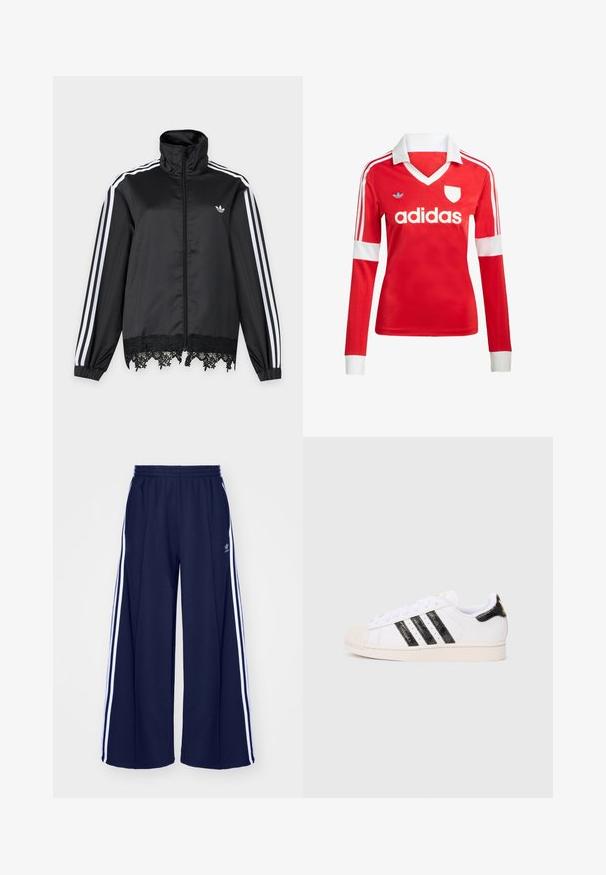 Sort Adidas træningsjakke med hvide striber på ærmerne, fuld lynlås foran, høj krave og sort blonderkant ved kanten.; Rød langærmet fodboldtrøje med hvid krave og manchetter. Har tre hvide striber på skuldrene og "adidas" logoet fremtrædende vist.; adidas Originals PANT - Træningsbukser - night indigo; Hvid sneakers med sorte teksturerede striber og accenter; har en gummitå, flade snørebånd og polstring rundt om anklen.