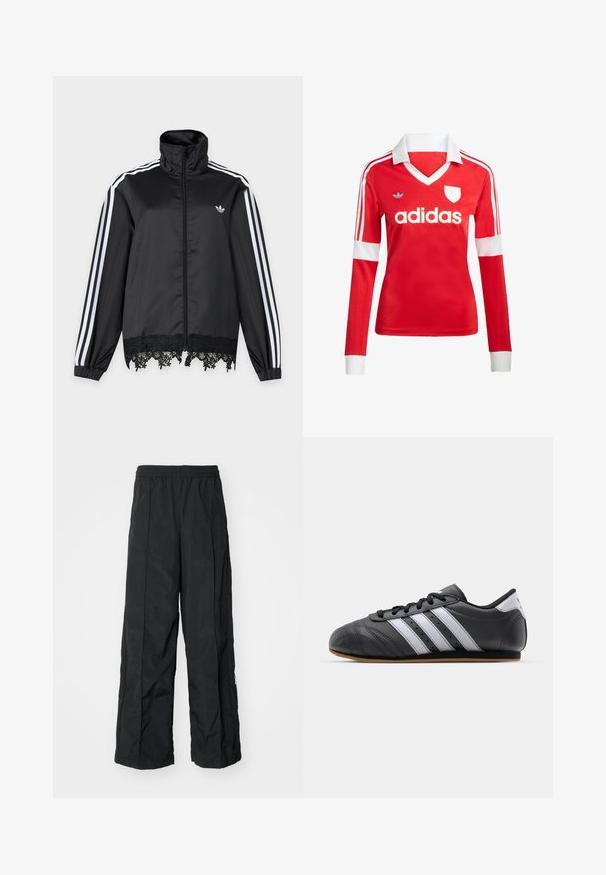 Čierna Adidas tréningová bunda s bielymi pruhmi na rukávoch, celopriečnym zipsom vpredu, vysokým golierom a čiernou čipkovanou lemovkou na spodnom okraji.; Červený futbalový dres s dlhým rukávom a bielym golierom a manžetami. Na ramenách sú tri biele pruhy a výrazne zobrazené logo "adidas".; Čierne nohavice s širokými nohavicami a elastickým pásom, ktoré sa vyznačujú hladkou textúrou a bočnými švovými detailmi pre lepší dizajn.; Čierne kožené športové topánky s bielymi pruhmi, okrúly špička, plochá podrážka a šnurovanie. Obsahujú perforácie pre lepšiu priedušnosť.