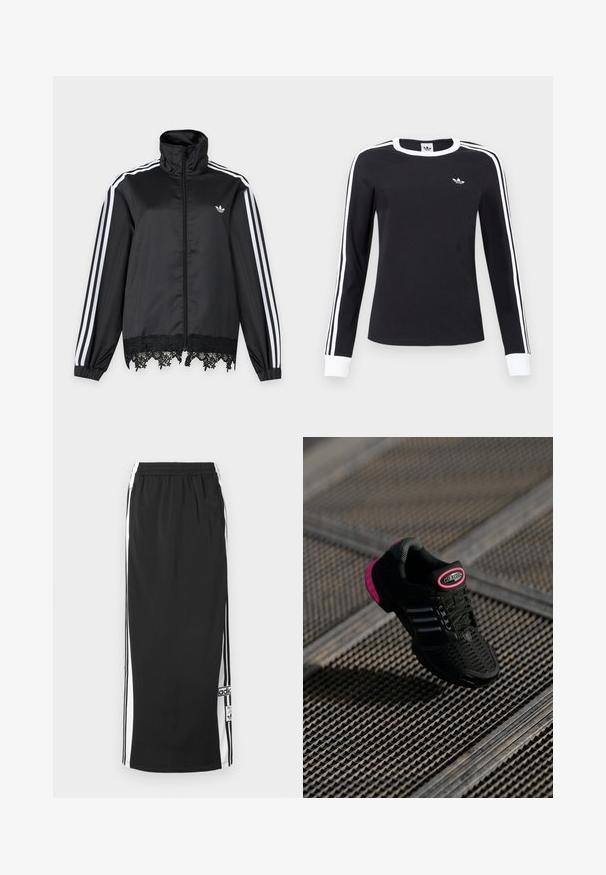 Veste de survêtement noire Adidas avec des bandes blanches sur les manches, fermeture zippée intégrale devant, col montant et bordure en dentelle noire à l'ourlet.; Chemise noire à manches longues avec col et poignets blancs, rayures blanches le long des manches, et petit logo Adidas blanc sur la poitrine gauche.; Jupe longue de sport noire avec panneaux latéraux blancs et bandes noires, taille élastique et écusson logo Adidas près de l'ourlet inférieur.; Chaussure de sport noire avec tige en mesh, accents roses et détails rayés noirs. Présente une semelle extérieure texturée et un logo sur le talon.