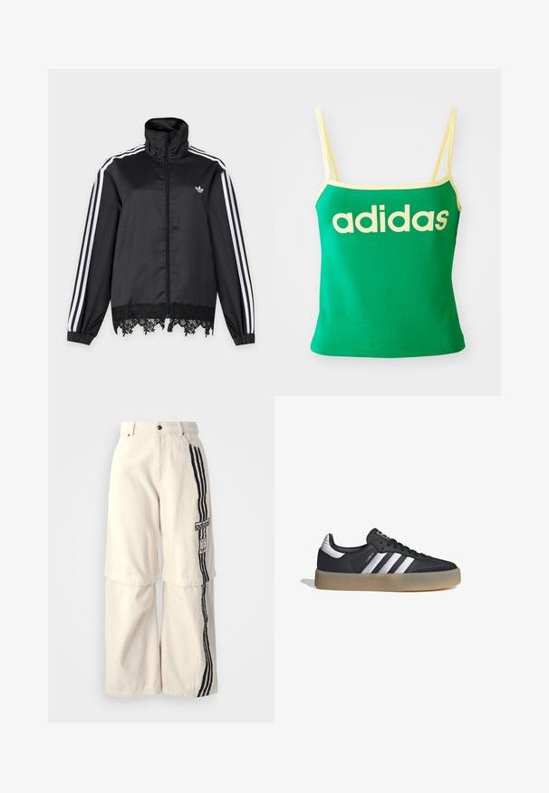 Chaqueta deportiva negra Adidas con rayas blancas en las mangas, cremallera completa en el frente, cuello alto y ribete de encaje negro en el dobladillo.; Top verde con detalles amarillos, hecho de material elástico. Presenta un gran logo de "adidas" amarillo en el frente y tirantes delgados.; Pantalones de pierna ancha color beige hechos de algodón, con un diseño de tres franjas negras a lo largo del costado y un parche del logo de Adidas en el muslo.; Zapatilla deportiva de cuero negro con tres rayas plateadas, punta texturizada y suela de goma. Cuenta con un collar acolchado y un diseño con cordones.