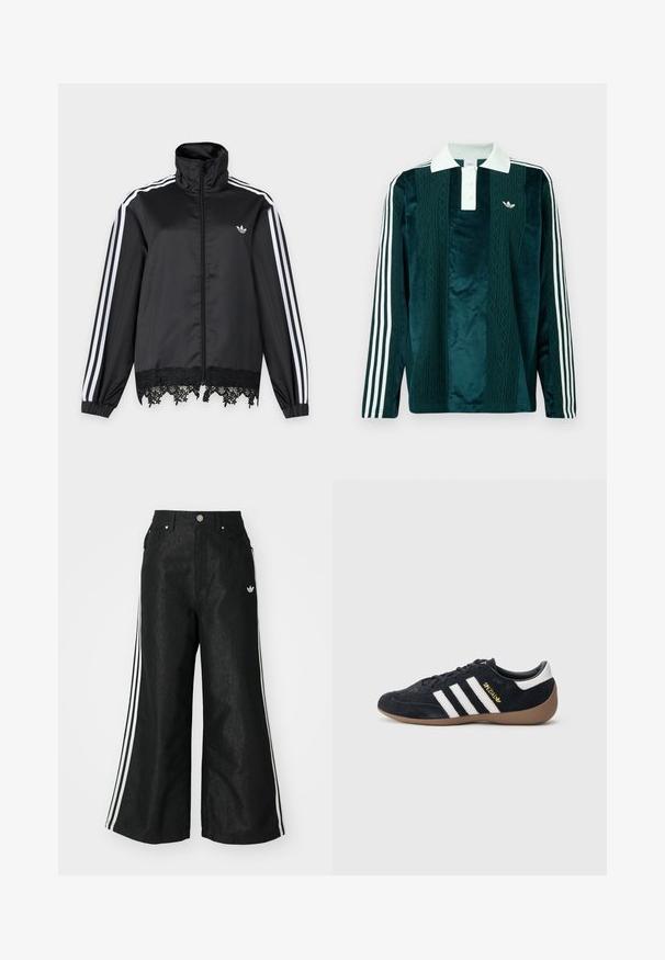 Chaqueta deportiva negra Adidas con rayas blancas en las mangas, cremallera completa en el frente, cuello alto y ribete de encaje negro en el dobladillo.; Polo de manga larga en terciopelo verde oscuro con acentos blancos. Presenta una tapeta de tres botones, logo bordado y tres franjas blancas en las mangas.; Pantalones de denim anchos y negros con tres franjas blancas en cada lado y un pequeño logo blanco. Cuenta con bolsillos frontales y un cierre de botón.; Zapatilla de ante negra con tres rayas blancas, suela de goma y un pequeño logo dorado en el lateral. Cuenta con un forro interior negro liso.