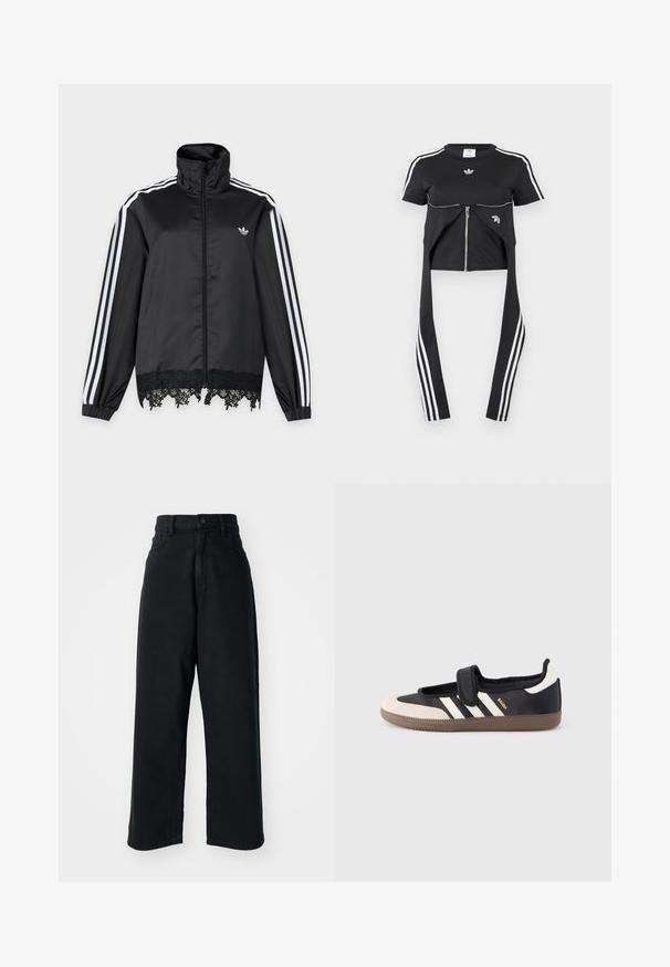 Zwarte Adidas trainingsjas met witte strepen op de mouwen, volledige ritssluiting aan de voorkant, hoge kraag en zwarte kantafwerking aan de zoom.; Zwart kort mouwtopje met witte Adidas-strepen op de mouwen, ritssluiting aan de voorkant en langere stofpanelen die naar beneden hangen met drie witte strepen.; Zwarte high-waisted wide-leg jeans met voorzakken en knoopsluiting, weergegeven tegen een witte achtergrond.; Zwart-beige sneaker met een klittenbandsluiting, drie witte strepen aan de zijkant en een getextureerde bruine rubberen zool. Merkembleem zichtbaar.