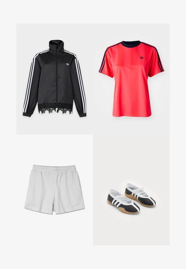 Chaqueta deportiva negra Adidas con rayas blancas en las mangas, cremallera completa en el frente, cuello alto y ribete de encaje negro en el dobladillo.; Camiseta deportiva roja de manga corta, con rayas verticales, cuello redondo color marino y un pequeño logo negro en la parte frontal.; Pantalones cortos de canalé gris claro con una cinturilla elástica, que presentan dos bolsillos laterales y un pequeño logo blanco en la parte inferior derecha.; Zapatillas deportivas en blanco y negro con un diseño elegante, suela de goma, cierre de cordones y tres franjas blancas en los lados.