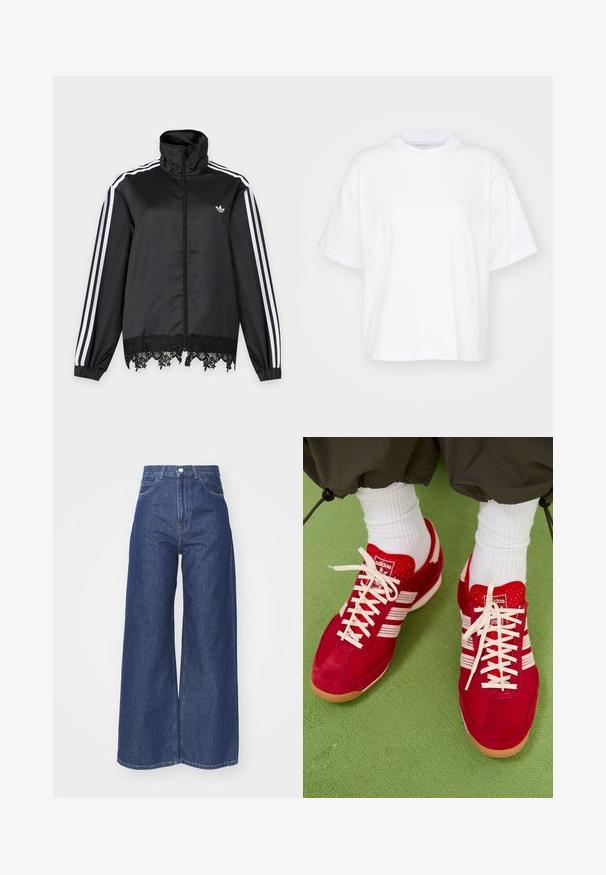 Must Adidas jooksujakk valgete triipudega varrukaotstes, esiküljel täispikk tõmblukk, kõrge krae ja must pitsääris allääres.; Valge puuvillane t-särk ümmarguse kaelusega, lühikeste varrukatega ja lõdgalt istuv. Vasakul rinnal on peen logo. Sile tekstuur.; Laiad püksteotsad tumedast sinisest denimist. Kõrge vöökoht, lukuga ja nööpidega kinnitamine. Omab klassikalist viit taskut ja ääriseid.; Punane sametist ja võrgusilma sportlikud kingad valgete triipude ja paeltega. Kummist talla. Kandsid valgeid ribakaitsepükse rohelisel tekstureeritud pinnal.