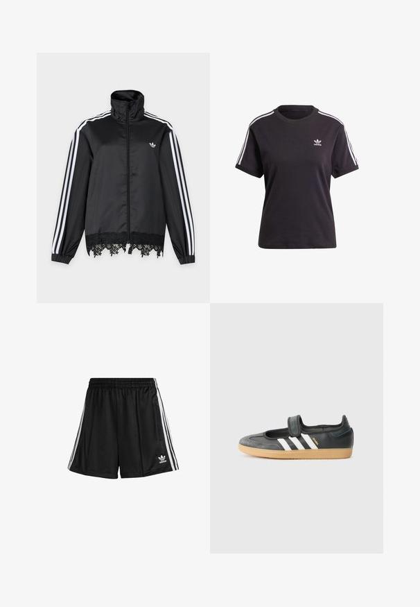 Zwarte Adidas trainingsjas met witte strepen op de mouwen, volledige ritssluiting aan de voorkant, hoge kraag en zwarte kantafwerking aan de zoom.; Zwart katoenen t-shirt met korte mouwen en ronde hals, met witte strepen op de schouders en een klein wit Adidas-logo op de borst.; Zwarte sportshorts met een elastische tailleband, voorzien van witte zijstrepen en een ritszak aan de rechterkant. Adidas-logo aan de onderkant links.; Zwarte leren en suède sneaker met een klittenbandsluiting, voorzien van drie witte strepen en een gumzool, met de naam "SAMBA" aan de zijkant.