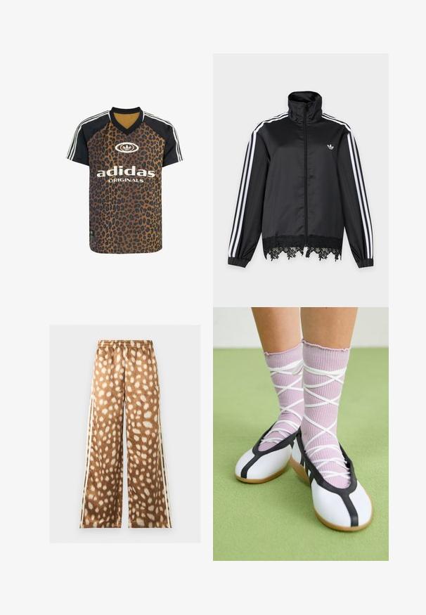 Schwarze Adidas Trainingsjacke mit weißen Streifen an den Ärmeln, durchgehendem Reißverschluss vorne, hohem Kragen und schwarzer Spitzenverzierung am Saum.; adidas Originals LEO PRINT SATIN - T-Shirt print - multicolor bronze strata; Hose mit weitem Bein mit beige-weißem Hirschmuster, elastischem Bund und weißen Seitenstreifen.; Beine mit gerippten lavendelfarbenen Socken mit weißen überkreuzten Riemen, kombiniert mit weißen Ballettschuhen mit schwarzem Rand auf grünem Boden.