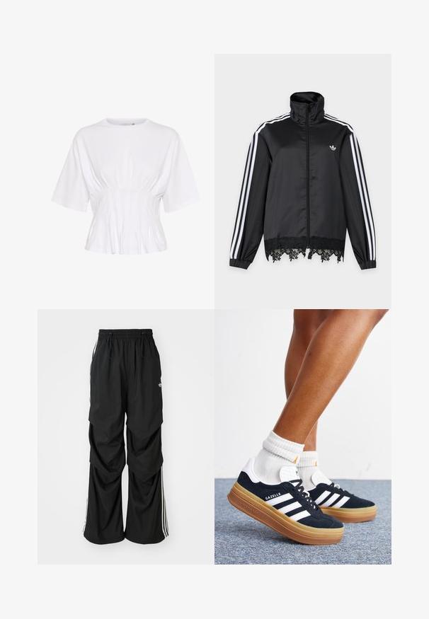 Μαύρο αθλητικό μπουφάν Adidas με λευκές ρίγες στα μανίκια, ολόκληρο φερμουάρ μπροστά, ψηλό γιακά και μαύρη δαντέλα στο τελείωμα.; Λευκή κοντομάνικη μπλούζα από μαλακό ύφασμα, με στρογγυλή λαιμόκοψη και συγκεντρωμένες λεπτομέρειες στη μέση για εφαρμοστό στυλ.; Μαύροι φαρτοί παντελόνες με ελαστική μέση, κορδόνι και λευκές ρίγες στο πλάι; φτιαγμένοι από ελαφρύ ύφασμα με λεία υφή.; Πόδια με λευκές κάλτσες και μαύρα αθλητικά παπούτσια Adidas Gazelle με λευκές ρίγες και χοντρές καφέ σόλες σε γκρι χαλί.