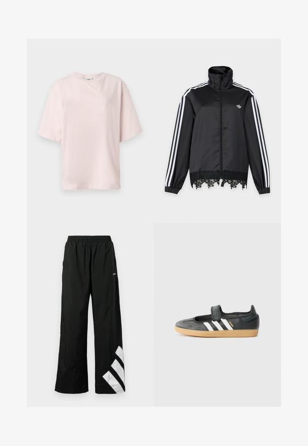 Zwarte Adidas trainingsjas met witte strepen op de mouwen, volledige ritssluiting aan de voorkant, hoge kraag en zwarte kantafwerking aan de zoom.; Lichtroze T-shirt met korte mouwen, ronde hals en subtiel geborduurd Adidas-logo op de linker bovenborst.; Zwarte broek met wijde pijpen van lichtgewicht materiaal, met een elastische tailleband en een witte diagonale streep op het linkerbeen.; Zwarte leren en suède sneaker met een klittenbandsluiting, voorzien van drie witte strepen en een gumzool, met de naam "SAMBA" aan de zijkant.