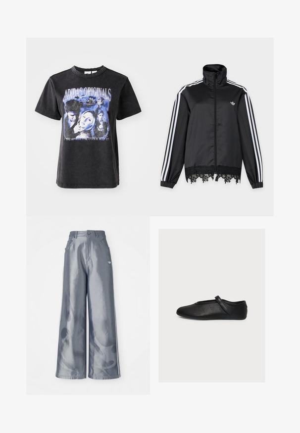 Čierna Adidas tréningová bunda s bielymi pruhmi na rukávoch, celopriečnym zipsom vpredu, vysokým golierom a čiernou čipkovanou lemovkou na spodnom okraji.; Čierne bavlnené tričko s krátkymi rukávmi, s umývaným grafickým potlačou postáv zo "Buffy, preklínačka upírov" v modrých odtieňoch.; Široké nohavice z lesklého šedého materiálu, s bielymi bočnými pruhmi a plamenným vzorom na dolnej časti nohavíc. Zapínanie na gombík a zips v páse.; Čierna kožená Mary Jane balerína s remienkom a malými perforovanými detailmi na boku, zobrazená z vonkajšej strany na bielom pozadí.