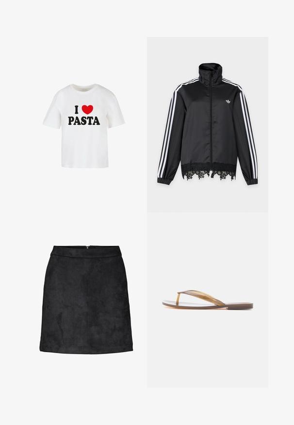Čierna Adidas tréningová bunda s bielymi pruhmi na rukávoch, celopriečnym zipsom vpredu, vysokým golierom a čiernou čipkovanou lemovkou na spodnom okraji.; Biela bavlnená tričko s krátkymi rukávmi, na ktorom je čiernym písmom napísané "MILUJEM" a nad slovom "PASTA" je červené srdce.; Čierna semišová mini sukňa s hladkou textúrou, priamym strihom a skrytým zadným zipsom. Minimalistický dizajn bez viditeľných vzorov alebo ozdôb.; Jeden hnedý priehľadný žabkový sandál s plochou podrážkou a remienkom, zobrazený z boku na bielom pozadí.
