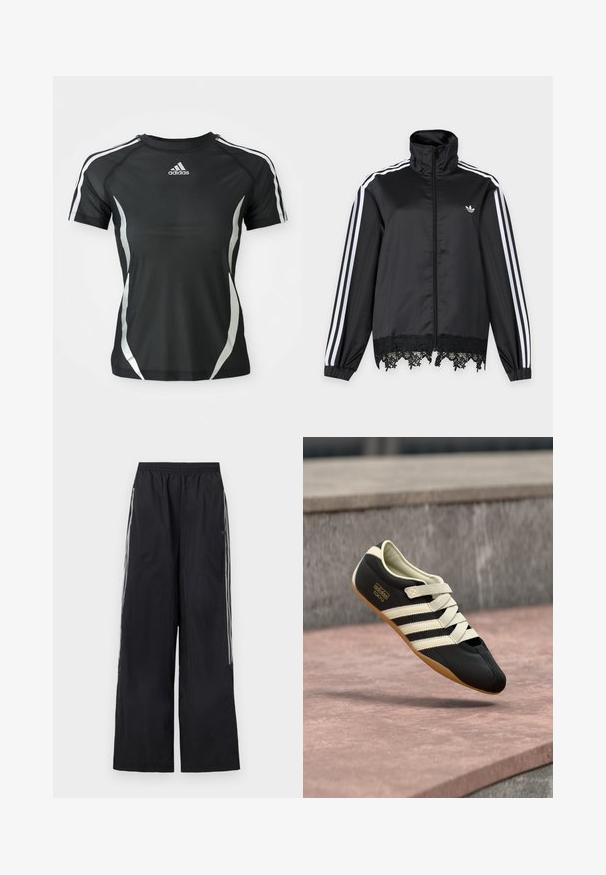 Schwarze Adidas Trainingsjacke mit weißen Streifen an den Ärmeln, durchgehendem Reißverschluss vorne, hohem Kragen und schwarzer Spitzenverzierung am Saum.; Schwarzes Adidas Sport-T-Shirt mit kurzen Ärmeln, weißen Streifen an den Schultern und silbernen gewölbten Akzenten an den Seiten.; Schwarze, weit geschnittene Trainingshose mit elastischem Bund und drei weißen Streifen an jeder Seite der Beine.; Schwarzer Sportschuh mit cremefarbenen Streifen und Schnürsenkeln, mit niedrigem Profil, glatter Textur und einer Gummisohle für guten Halt. Markenlabel sichtbar.