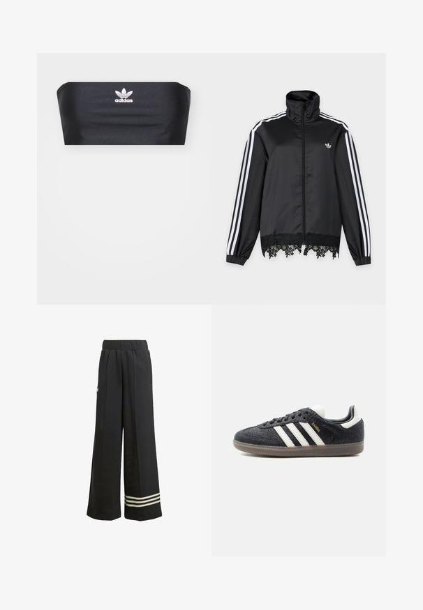 Schwarze Adidas Trainingsjacke mit weißen Streifen an den Ärmeln, durchgehendem Reißverschluss vorne, hohem Kragen und schwarzer Spitzenverzierung am Saum.; Schwarzes Bandeau-Top aus glattem Stoff, mit einem weißen Adidas-Logo, das in der Mitte auf der Vorderseite platziert ist, ohne zusätzliche Muster oder Verzierungen.; Schwarze weit geschnittene Jogginghosen mit einem elastischen Bund, ausgestattet mit weißen Streifenakzenten am Saum und Seitentaschen. Hergestellt aus einem weichen Stoff.; Schwarzer Adidas Samba Sneaker mit weißen Streifen, Gummisohle und goldfarbenem "Samba"-Schriftzug an der Seite, von links im Profil vor einfachem Hintergrund gezeigt.