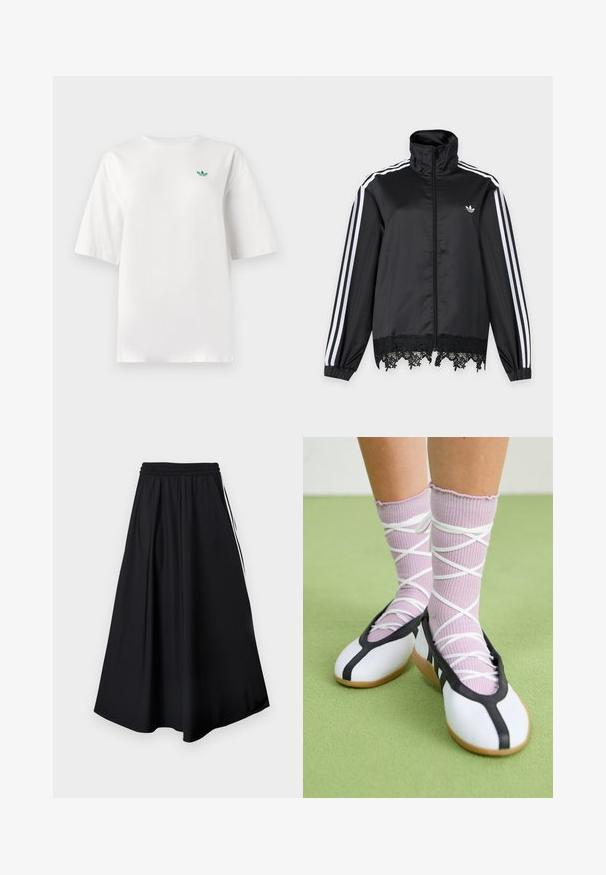 Chaqueta deportiva negra Adidas con rayas blancas en las mangas, cremallera completa en el frente, cuello alto y ribete de encaje negro en el dobladillo.; Camiseta blanca de algodón, con mangas cortas y cuello redondo. Un pequeño logo verde está situado en la zona izquierda del pecho.; Pantalones negros de pierna ancha con cinturilla elástica y franjas blancas laterales, mostrados sobre un fondo blanco liso.; Piernas con calcetines lavanda acanalados con tiras blancas cruzadas combinados con bailarinas blancas con ribete negro sobre un suelo verde.
