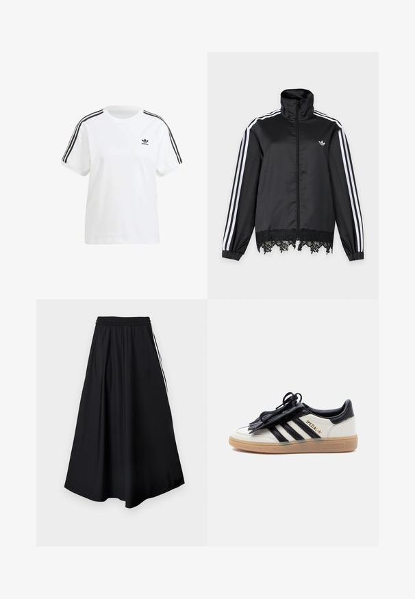 Schwarze Adidas Trainingsjacke mit weißen Streifen an den Ärmeln, durchgehendem Reißverschluss vorne, hohem Kragen und schwarzer Spitzenverzierung am Saum.; Weißes Baumwoll-T-Shirt mit kurzen Ärmeln, Rundhalsausschnitt und schwarzen vertikalen Streifen an den Schultern, mit einem kleinen schwarzen Logo auf der Brust.; Schwarze weit geschnittene Hose mit elastischem Bund und weißen Seitenstreifen, vor einem schlichten weißen Hintergrund präsentiert.; Weißer und schwarzer Adidas Spezial Sneaker mit Gummisohle, schwarzen Streifen und schwarzer Schnürsenkelabdeckung auf einfarbig hellem Hintergrund.