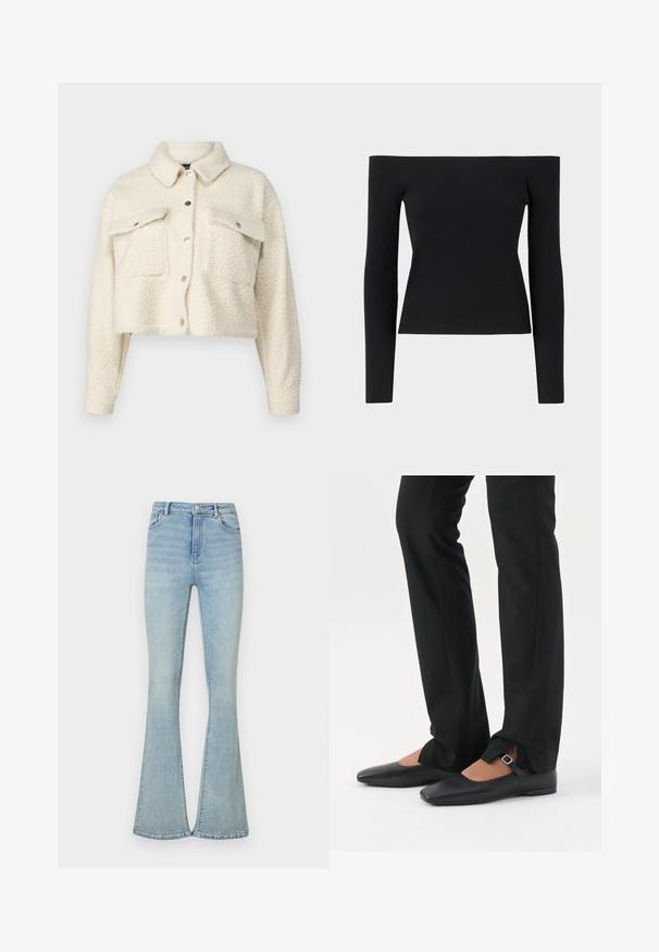 Veste en polaire couleur crème avec un design court, fermeture à boutons, deux poches avant et un col classique. Tissu doux et texturé.; Top noir à épaules dénudées, à manches longues, en tissu côtelé, avec une silhouette ajustée et un design minimaliste.; Jean évasé bleu clair en denim, avec taille haute, design classique à cinq poches et ourlets nets. Texture lisse, peu de détails.; Jambes vêtues d’un pantalon slim noir avec des fentes à l’avant de l’ourlet, assorties à des chaussures plates Mary Jane noires avec une petite bride à boucle.
