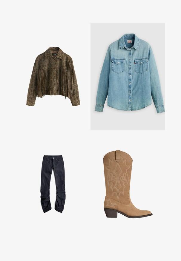Braune kurz geschnittene Jacke mit Leopardenmuster, Knopfleiste, genietetem Kragen sowie langen Fransen über Brust und Ärmeln.; Hellblaues Denimhemd mit klassischem Kragen, vorderer Knopfleiste, zwei Brusttaschen und geknöpften Manschetten sowie einem leicht geschwungenen Saum.; Dunkelblaue Jeans mit geradem Schnitt, vorderen Taschen und einer Zwei-Knopf-Verschluss. Der Stoff hat eine texturierte Oberfläche.; Tanfarbene Wildleder-Cowboystiefel mit bestickter dekorativer Naht, mittelhohem gestapeltem Absatz und Zugschlaufe am Schaft.
