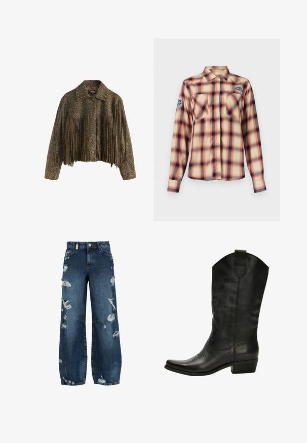 Brun kort jakke med leopardprint, knaplukning foran, nittekrave og lange frynser over brystet og ærmerne.; Langærmet ternet skjorte med orange, beige og sorte tern, to brystlommer foran, krave og mærke patches på bryst og ærme.; Blå højtaljede viddeben jeans med flere slidte rifter og frynsete detaljer foran og på benene.; Sorte læder cowboy støvler med spids tå, diskrete syninger og en stablet hæl. Har en høj skaft og en trækflige.