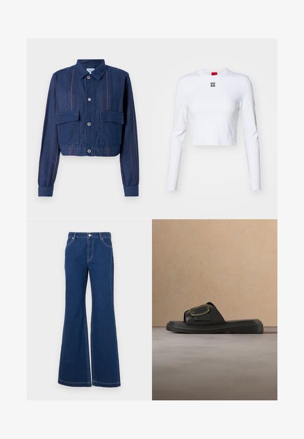 Chaqueta de denim recortada en azul oscuro con rayas verticales, cierre de botón y dos bolsillos en el pecho. Tejido texturizado con un ligero brillo.; Top corto de manga larga blanco, hecho de algodón, con cuello redondo y un pequeño logo negro "HUGO" en el pecho. Textura suave con un diseño ajustado.; Jeans acampanados de un azul oscuro, fabricados en denim. Incluyen bucles para cinturón, bolsillos frontales y costuras en contraste. Apertura de pierna amplia.; Sandalia negra sin cierre con una correa ancha y una gran hebilla dorada, descansando sobre una alfombra beige cerca de un sofá marrón claro.